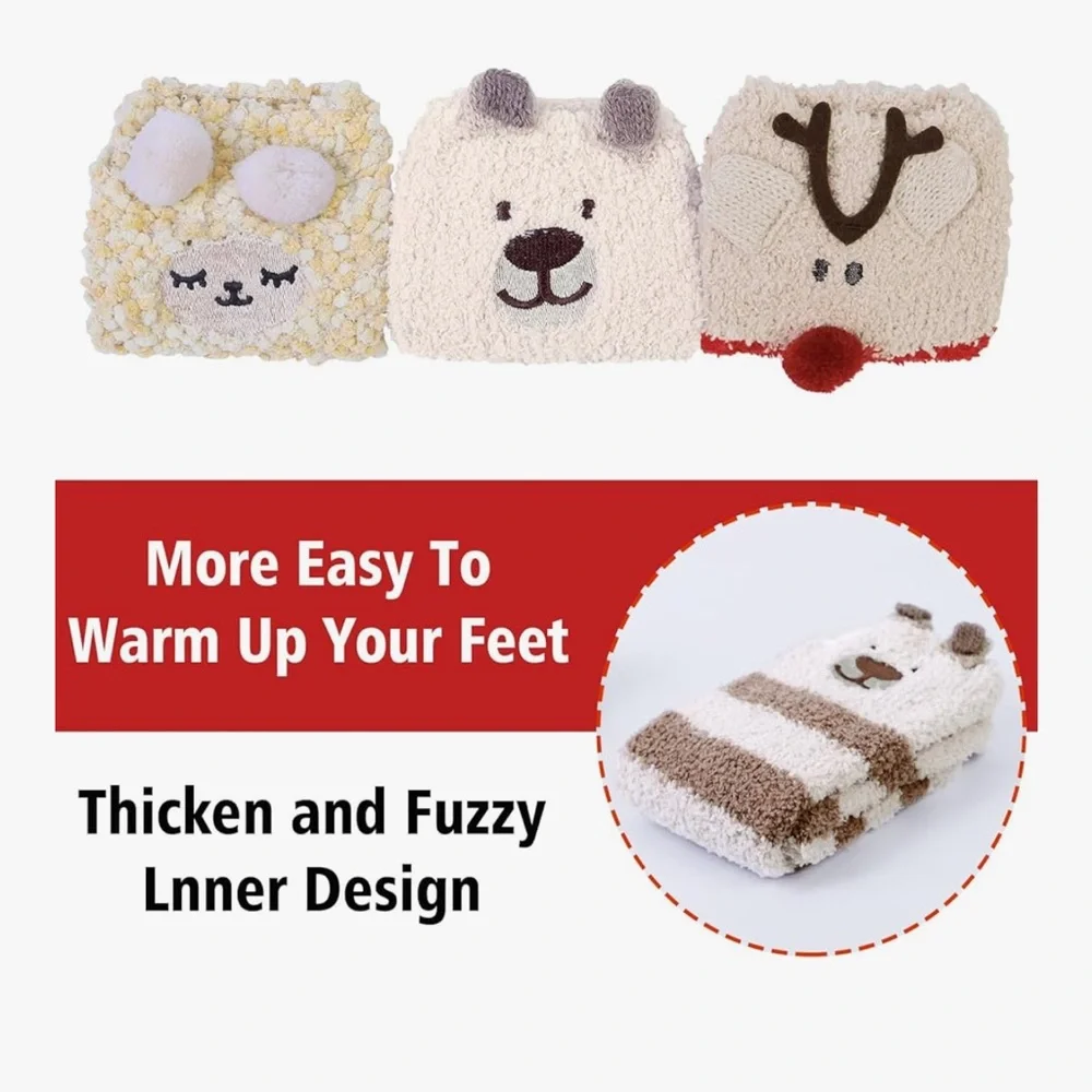 🆕 3 Pairs Womens Fuzzy Socks Cozy Winter Warm Fluffy Soft Cute Animal